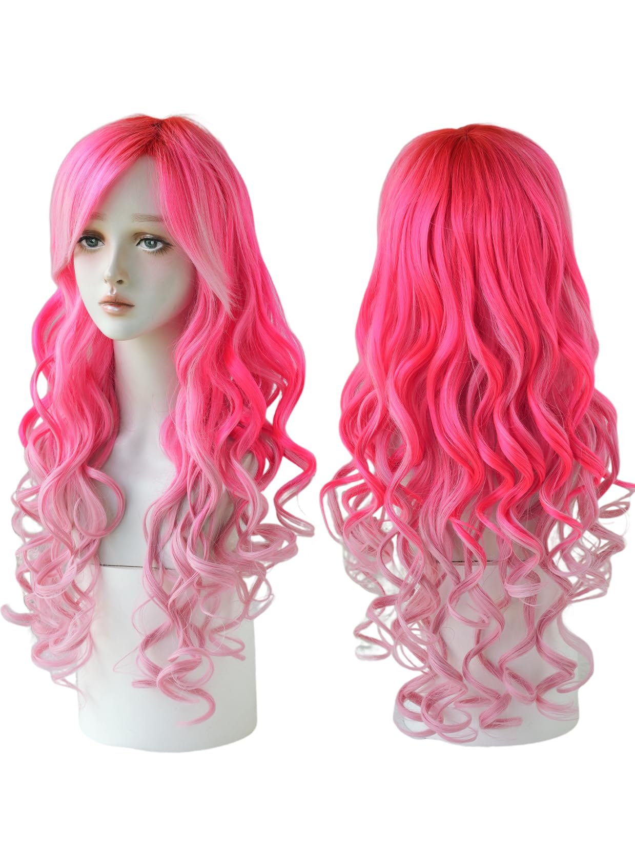 7JHH WIGS Long Wavy Costume Wigs Cosplay Mermaid Light Pink Ombre Wig for Women Halloween Party Used High Temperature Heat Resistant Fiber Natural Hairline Cos Wig…