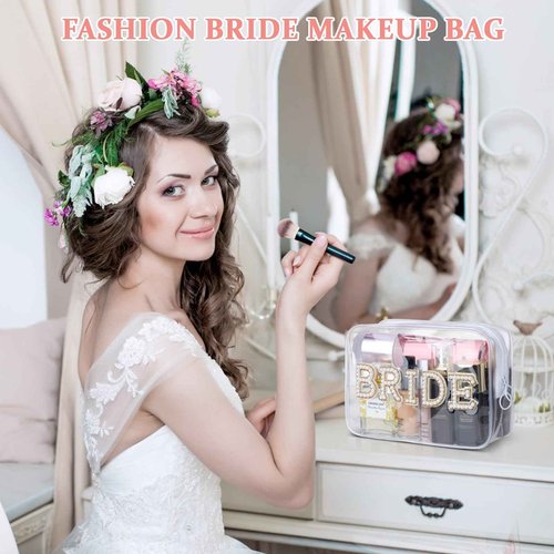Etercycle Bride Clear Makeup Bag, Bridal Shower Gifts Engagement Cosmetic Bag, Bling Pearl Rhinestone Letter Patches Waterproof PVC Travel Organizer for Women Wedding Bachelorette Party (Gold)