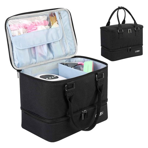 GR69N Nail Polish Organizer Bag,Double Layer Nail Polish Storage Fits a Nail Lamp and 40 Bottles,Great Size Nail Storage Organizer For Nail Drill,Nail Supplies Set (Bag Only)-Black