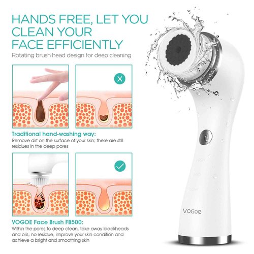 VOGOE Facial Cleansing Brush Rechargeable, Spin Face Wash Brush IPX7 Waterproof Electric Face Scrubber Exfoliator, 3 Speeds & 5 Brushes for Cleansing and Exfoliating, White