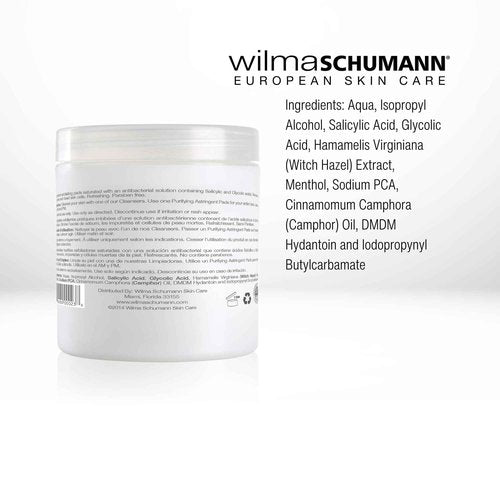 Wilma Schumann Purifying Astringent Pads for Face, Skin Exfoliating Pads with Salicylic Acid, Pack of 60