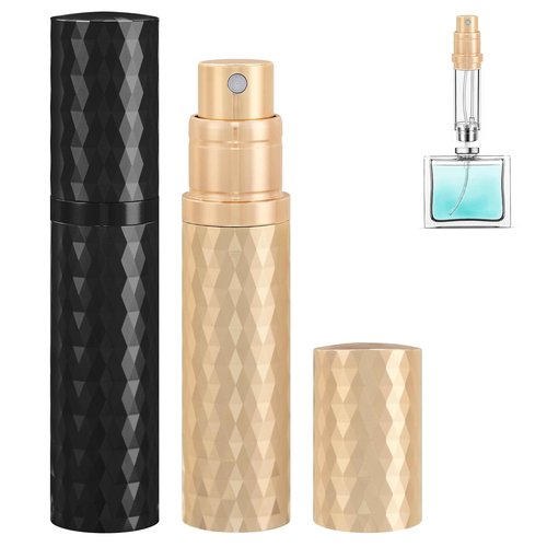 Qavhun Travel Perfume Atomizer Bottle Refillable - 2-Pack 5ml Leakproof Fragrances Perfume Atomizer, Portable Perfume Sprayer, Perfume Refillable Bottle for Traveling (Black & Gold)