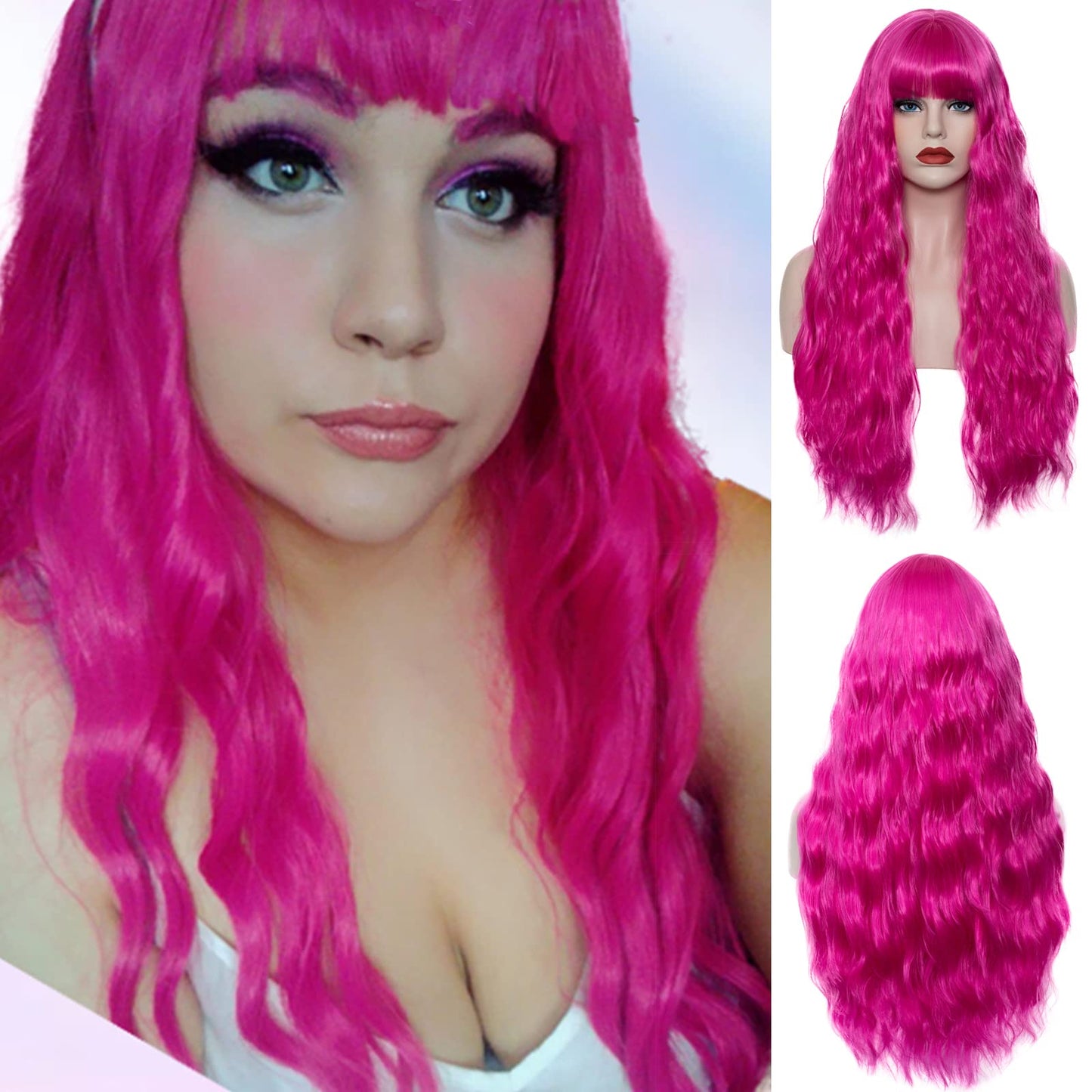 WGPFWIG Women's Hot Pink Wig 27 Inches Long Curly Wavy Hair Wig Heat Resistant Fibers Synthetic Wig For Women Girl Cosplay Party Halloween Wig Cap Included (Hot Pink)