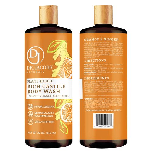 Dr. Jacobs Naturals Pure Castile Soap Liquid Body Wash, Orange & Ginger - All Natural Soap Infused with Vitamin E & Aloe Vera to Moisturize Dry and Sensitive Skin - Made in the USA - 32 oz, Pack of 1