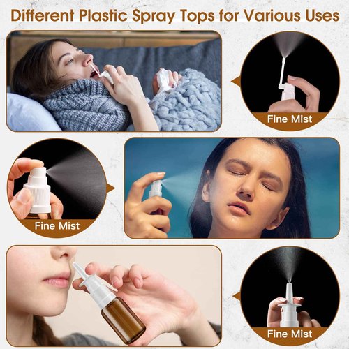 YAKESD Nasal Spray Bottle, 3 Pcs 30ML/1oz Glass Amber Refillable Fine Mist Sprayers Atomizers, Small Empty Nasal Sprayer with Oils Spray Tops, Oral/Swivel Sprayers, Funnels and Labels