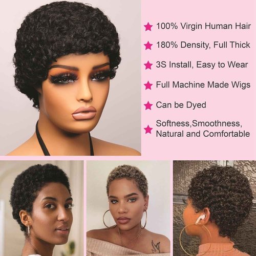 Msviki Short Curly Pixie Cut Wigs with Bangs Human Hair for Black Women Non Lace Full Machine Made Cap Human Hair Pixie Wig Brazilian Virgin Glueless Bob Wig Short Layered Wigs For Women