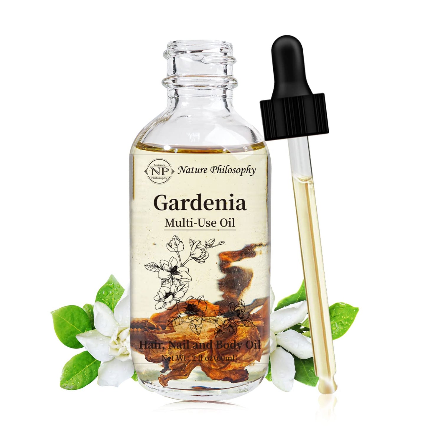 NP NATURES PHILOSOPHY Gardenia Multi-Use Oil for Face, Body and Hair - Organic Plant Fragrant Essential Oil for Dry Skin, Scalp and Nails - 2 Fl Oz