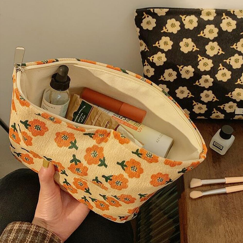 SxoSyo Cosmetic Bags for Women Makeup Bag Large Capacity Purse Travel Toiletry Zipper Storage Pouch Make up Brushes Organizer for Gifts (Orange, flower)