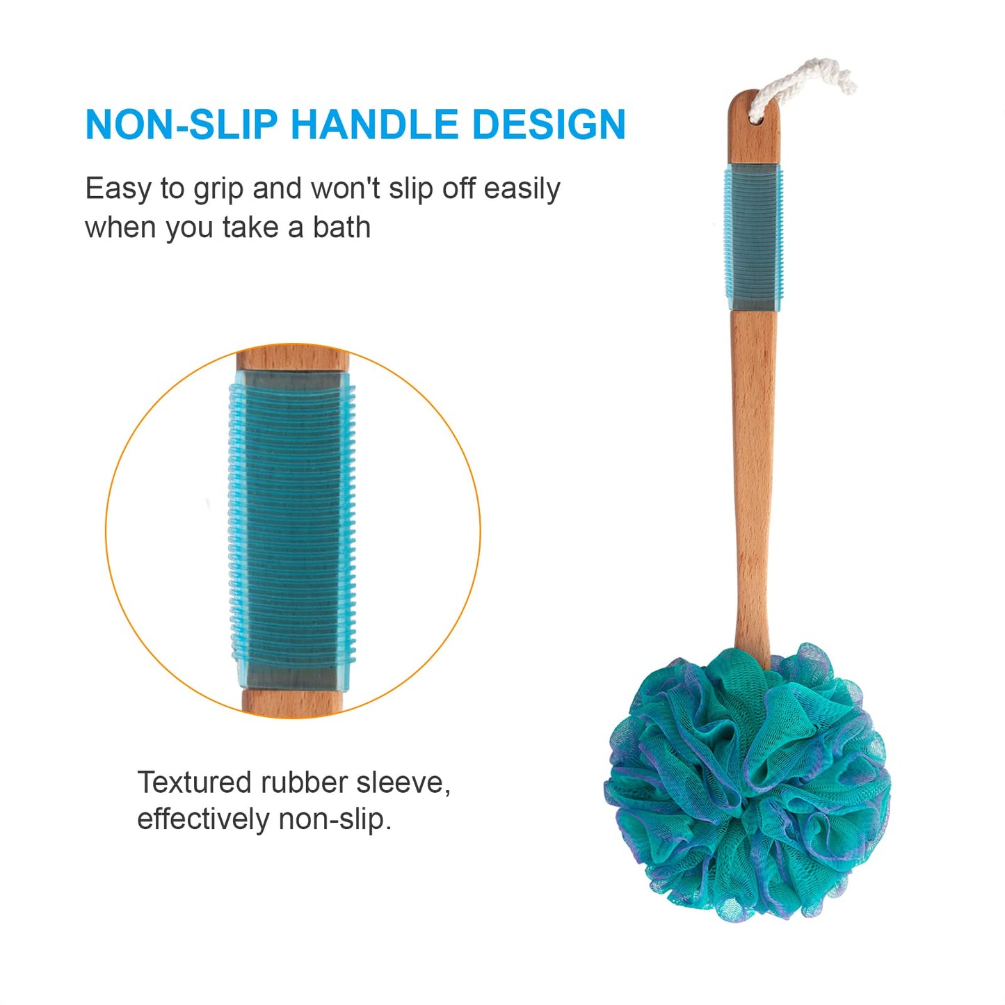 AmazerBath Shower Sponge Loofah Back Scrubber, PE Soft Mesh Loofah Body Scrubber with Long Wooden Handle, Bath Sponge for Men Women (Green)