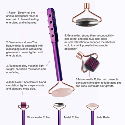 4-in-1 Germanium Stone Face Massager Beauty Roller for Up Lifting and Skin Care, Anti-Aging Beauty Tool with 3 Replaceable Heads - Jade Stone, Stainless Steel and 0.25mm Microneedle