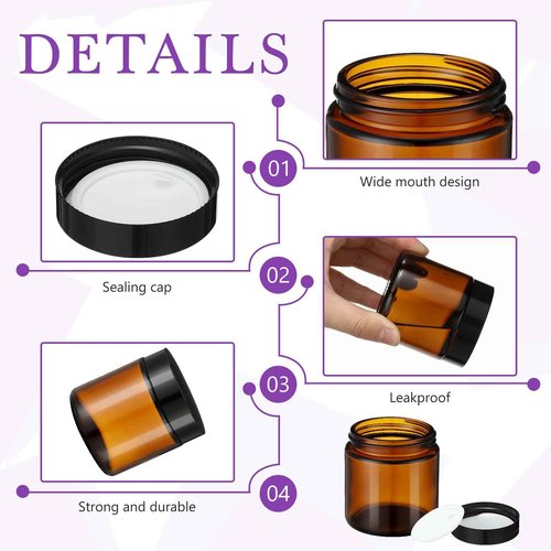 Kymqlyw Classic Amber Glass Jars with Black Lids, 12 Pcs 4 oz, Leakproof, Round, Airtight, Cosmetic Jars for Candle Making, Storing Lotions, Spice Powder, Liquid Sample, Makeup