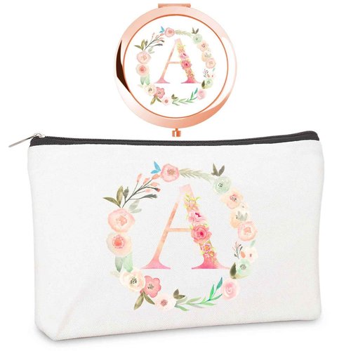 Personalized Gift Initial Compact Mirror w Makeup Bag for Women Sister Daughter Mom Wife, Floral Monogram Alphabet Small Mirror Ideal Gift on Birthday, Christmas, Graduation (A + Bag, ROSE GOLD)