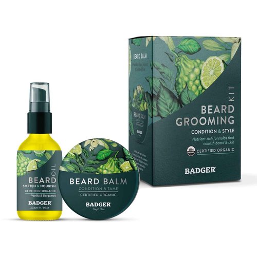 Badger Beard Grooming Kit, Organic Beard Oil Bottle + Organic Beard Balm Tin, Subtle Masculine Scent, Organic Mens Beard Care for Healthy Beard Growth, 2-Pack