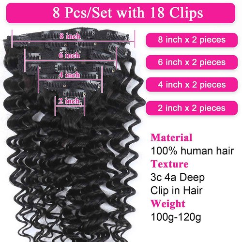 Deep Wave Clip in Hair Extensions Real Human Hair 16 Inch Deep Curly Clip ins for Women Invisible Seamless Remy Human Hair Clips in Extensions 8pcs 100g/3.5oz 20 Clips Double Weft Natural Black