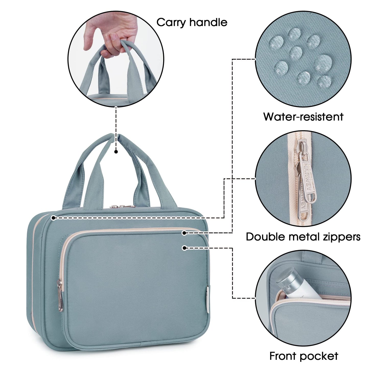 Narwey Hanging Toiletry Bag for Women Travel Makeup Bag Organizer Toiletries Bag for Travel Size Essentials Accessories Cosmetics (Greyish Blue (Medium))