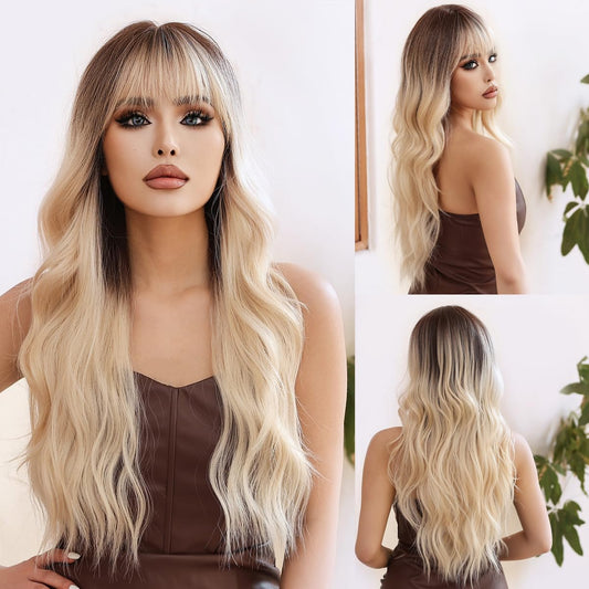 WTHCOS Ombre Blonde Wig Long Curly Wavy Wig With Bangs for Women Blonde Ombre Wig Heat Resistant Synthetic Hair Wigs for Daily Use Cosplay Wig With Wig Cap