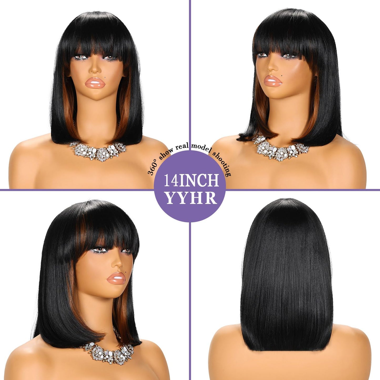 YYHR BLunt Cut Bob Wig With Bangs 14" Peek-a-boo Color Black Mix Brown Yaki Straight Synthetic Hair Wigs For Black Women, Shoulder Length Synthetic Hair Replacement Wigs (14 Inch,S1B/30)