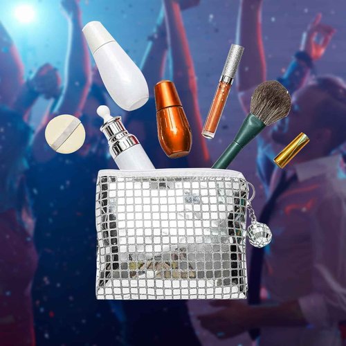 JDRGJTH 12 Pack Disco Cosmetics Bag,Makeup Bag, Portable Silver Sequins Glitter Mirror Foil Zipper Handbag with Disco Accessories Make Up Travel Bag Essentials 70s 80s 90s Disco Party Favors