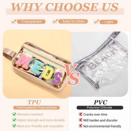 Pinkunn Chenille Letter Bag Clear Makeup Pouch Cute Preppy Letter Patch Cosmetic Bag with Zipper Nylon Waterproof Portable Travel Purse Toiletry Organizer for Appreciation Gift (Beige,Meds)
