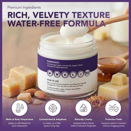 Intimate Rose Beef Tallow Balm for Skin & Face Care - Tallow and Honey Balm for Sensitive Skin, Eczema - 100% Grass-Fed Beef Tallow Face Moisturizer, Natural Formula