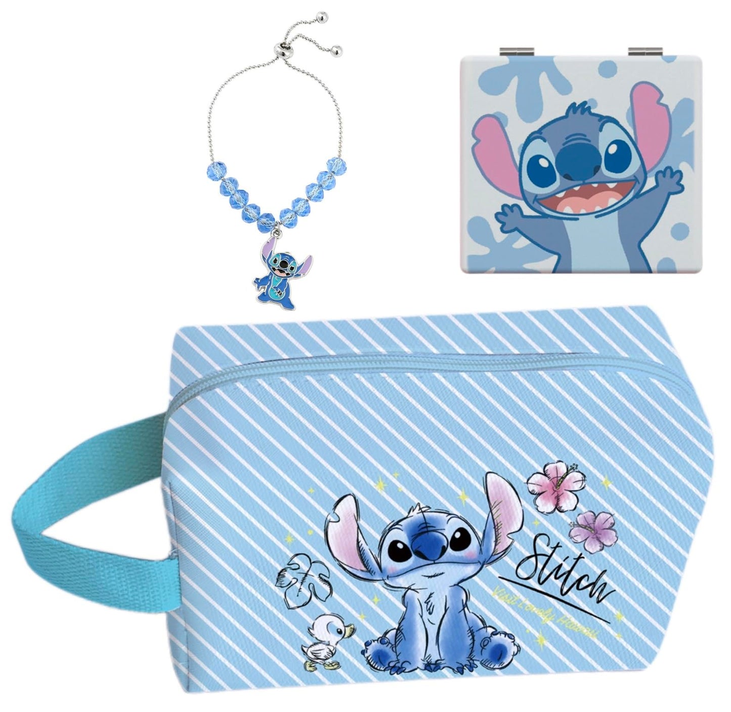 Stitch Travel Cosmetic Bag + Double Sided Cosmetic Mirror+Stitch Bracelet,.Large Capacity PU Bag. Stitch Stuff Gift. Foldable Makeup Accessories are Perfect Gifts for Girls and Women