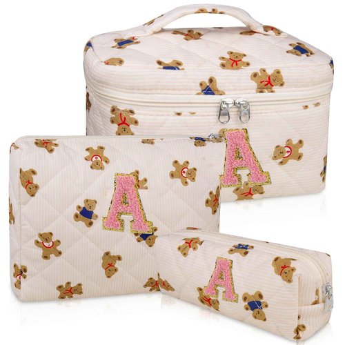 3PC Makeup Bag Large Floral Cosmetic Bag Makeup Bag for Women（Bear