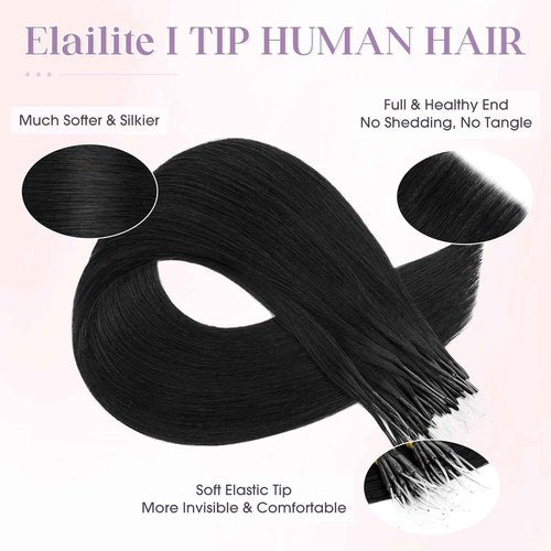 Elailite I Tip Hair Extensions Human Hair Elastic Itip Real Remy Hair Jet Black 22 Inch 50G 50Strands Straight Pre Bonded Keratin Fusion Human Hair Extensions
