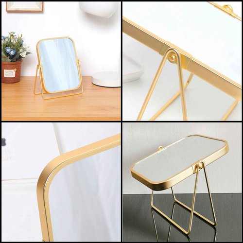 schonee 2-Sided Golden Tabletop Makeup Mirror, Double Sided 2X Magnification Vanity Mirror, 360°Rotation Dressing Table Mirror (Gold - Rectangle)