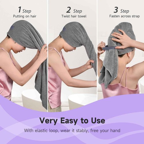 Extra Large Microfiber Hair Towel for Women Curly, Long, Thick Hair, 2 Pack Ultra Absorbent Hair Drying Towel Wrap, Super Soft Anti Frizz Hair Turban with Elastic Loop (Grey, Camel)