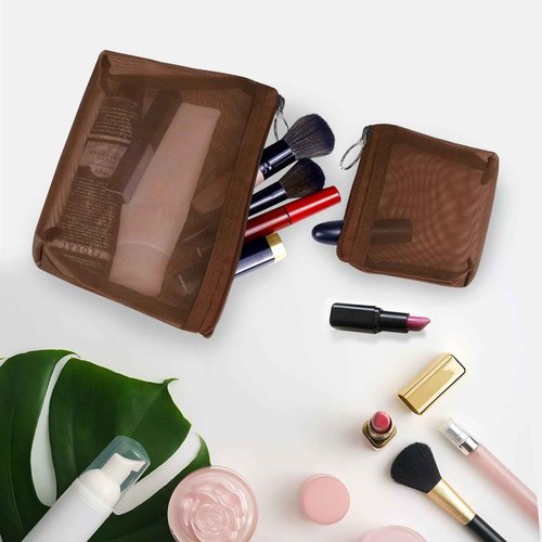 Aosbos 3-Pack Mesh Cosmetic Bag Set – Travel Makeup Pouch with Zipper, Lightweight Organizer for Toiletries – Durable & Breathable Nylon Mesh Bags, Brown