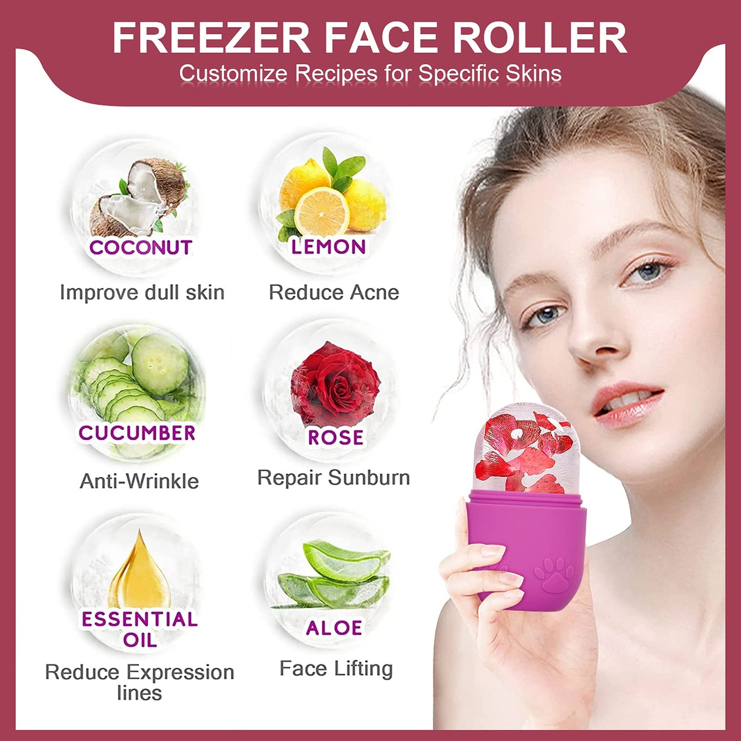 ZUKIMM Ice Roller for Face & Eye, Facial Cold Massage Freezer Rollers, Multi-Functional Silicone Ice Face Mold Skin Care Tools for Puffiness Relief, Shrink Pores & Remove Fine Lines (Rose Red)