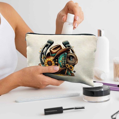 RYYCDOI Country Girl Sunflower Makeup Bag - Cowgirl Boots Cosmetic Toiletry Pouch for Women - Western Gift