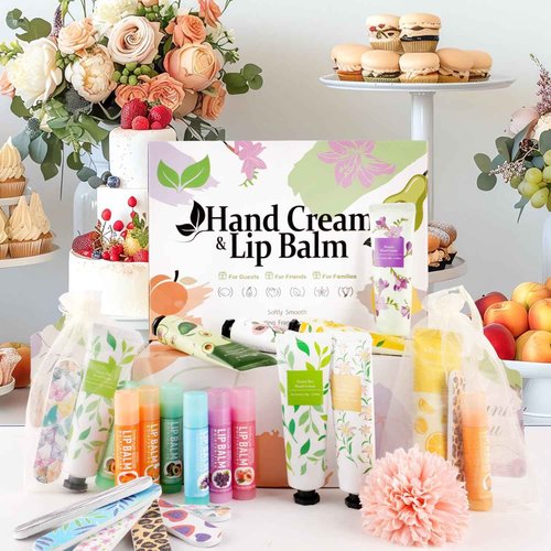 CUDICY Hand Cream and Lip Balm Bulk 24 Gift Sets Party Favors for Baby Shower Bridal Shower Wedding for Guests Prizes Women Adults Bachelorette Travel With Nail Files Thank You Cards Organza Bags
