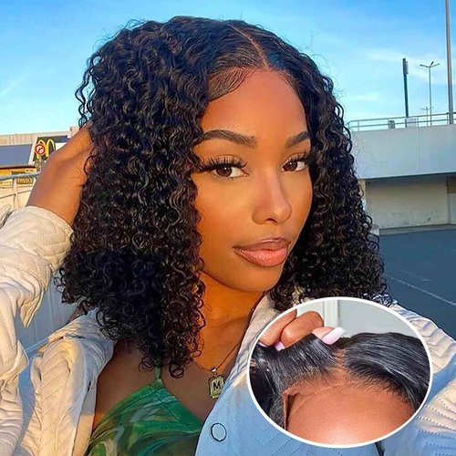 Jewhaut 13x4 Deep Wave HD Lace Front Wigs Human Hair 180% Density Glueless Bob Wigs Human Hair Pre Plucked Short Bob Wigs for Black Women Frontal Wig Human Hair Natural Black Color 12 Inch