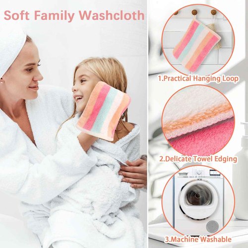 PHOGARY Washcloth Set 6 Pack Small Hand Towels for Face Body Bathroom, 6"x8" Super Absorbent & Soft Coral Fleece Facial Cloths for Showering, Rainbow Striped Quick Dry Towel with Hanging Loop