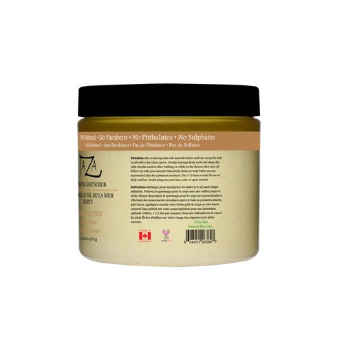 Premium Taza Oats and Honey Dead Sea Salt Scrub, 473 ml 24 oz (670 g) Exfoliates Your Skin Leaving it Soft and Hydrated Contains: Coconut Oil, Shea Butter, Grapeseed Oil, Sweet Almond Oil, 26 Minerals