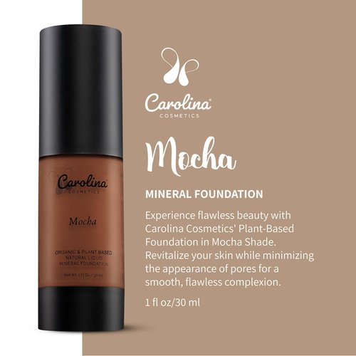 Carolina Cosmetics - Plant-Based Foundation in Mocha Shade - Hydrating, Pore-Minimizing & Buildable Coverage - Vegan, Non-GMO, Gluten-Free, Paraben-Free- Sun Protection - 1Fl Oz