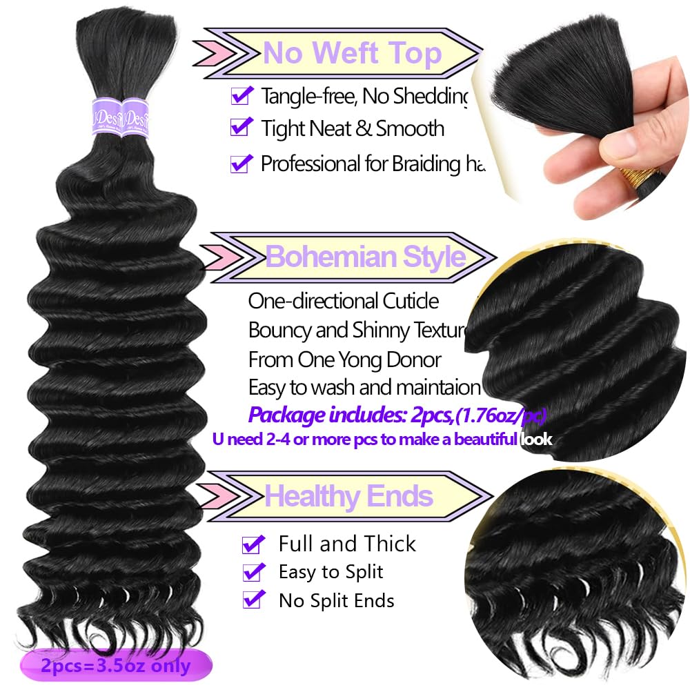 UDesire Hair Deep Wave Bulk Human Hair For Braiding No Weft (1 Pack-2 Bundles-100g) 100% Unprocessed Brazilian Virgin Human Hair Extensions Micro Braiding Human Hair Natural Black Color 14Inch