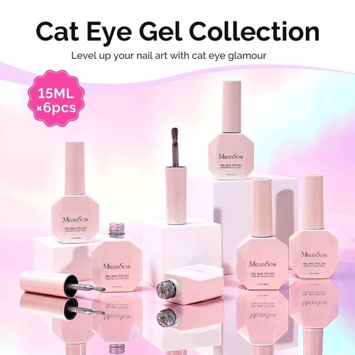 MelodySusie 9D Chameleon Cat Eye Gel Nail Polish Set 6 PCS, 0.5 Fl Oz Red Rosy Pink Glitter Holographic Magnetic Nail Polish with Magnet, UV Nail Polish for Nail Art Manicure Salon DIY at Home