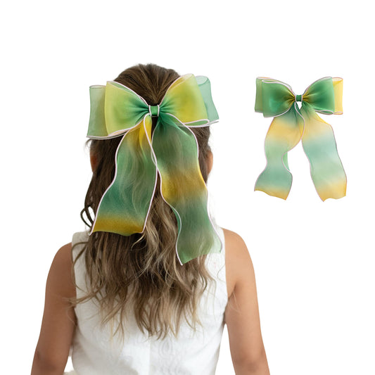 Summer Crystal Organza Large Bow Alligator Hair Clip - Long Ribbons - For Girls and Women - Ideal Hair Accessory for Birthdays, Daily Wear, Holidays, and Parties (Organza Melon)