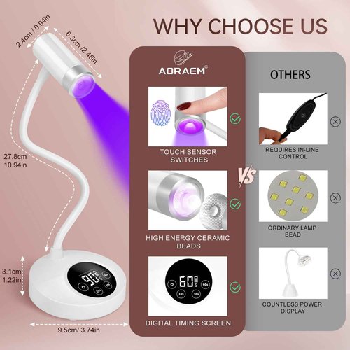 AORAEM UV LED Nail Lamp, Rechargeable Gooseneck Lamp for Gel Nails 12W Quick Dry LED Nail Light Bueaty Dryer with 4 Timers & Auto Sensor, Professional Flash Cure Light for Gel Nails Home DIY White