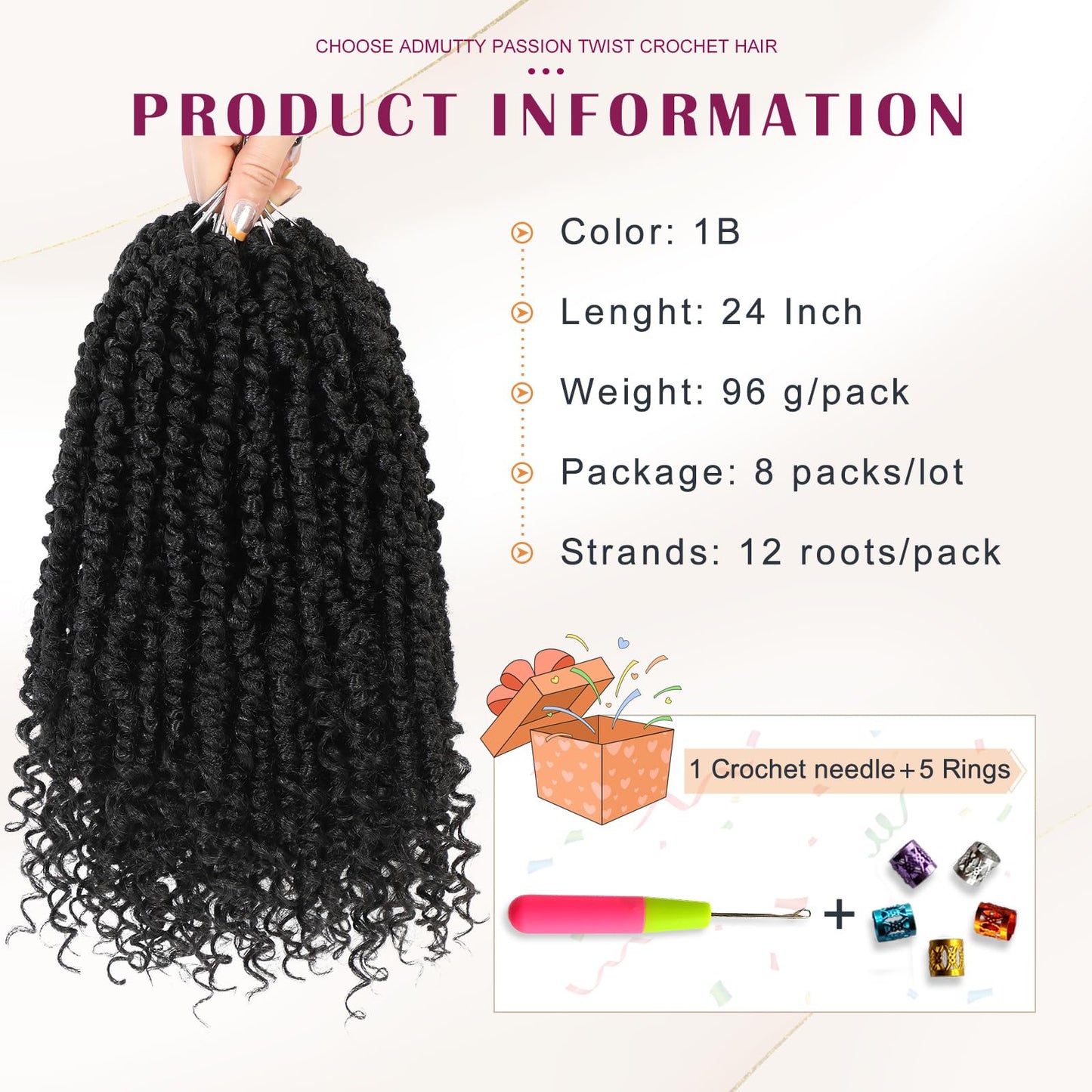 Passion Twist Crochet Hair,Passion Twist Hair 24 Inch,8 Packs Pre-twisted Passion Twist Hair,Short Passion Twist Crochet Braids,Pre Looped Crochet Hair for Black Women(1B)