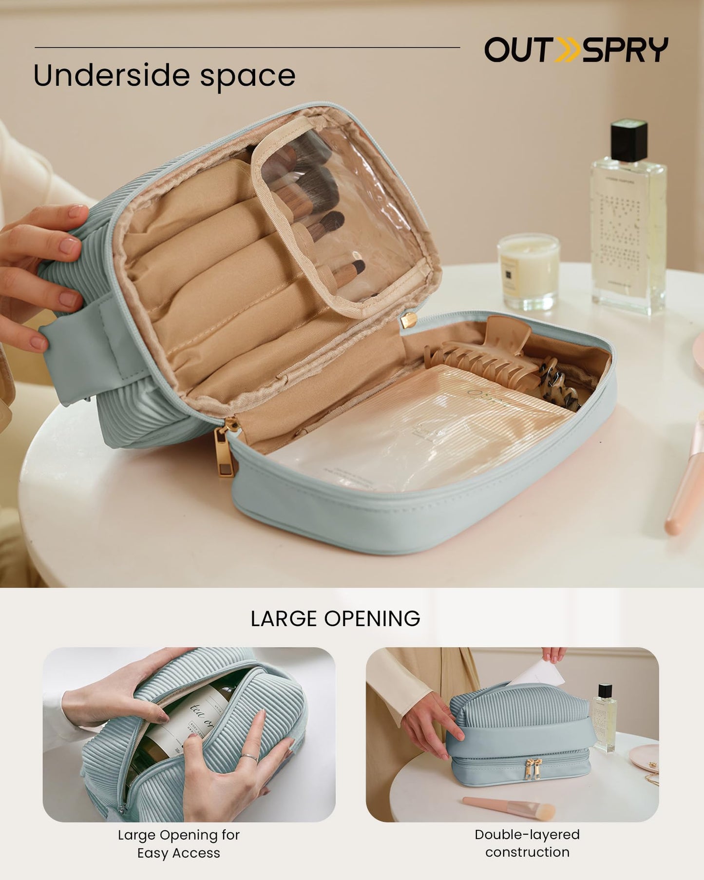 OutSpry Makeup Bag, Travel Cosmetic Bag [Cream Toast Bag] [Makeup Brush Compartment] Large Capacity Double Layer Vegan Leather Water-Resistant Toiletry Bag, Blue Latte