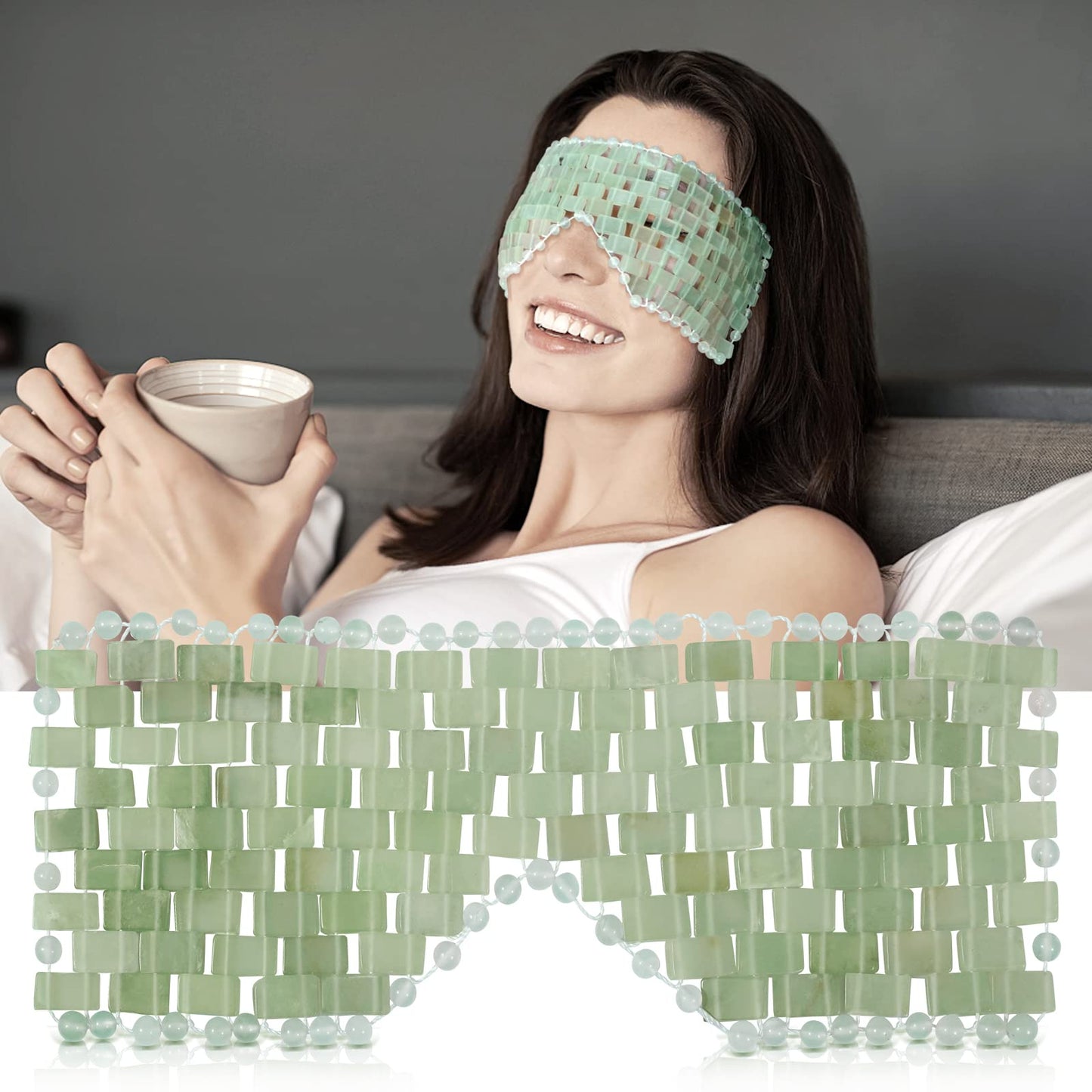 Jade Eye Mask, gemshan 2 Pcs Stone Eye Mask Hot or Cold Use, Green Jade Facial Eye Sleeping Mask