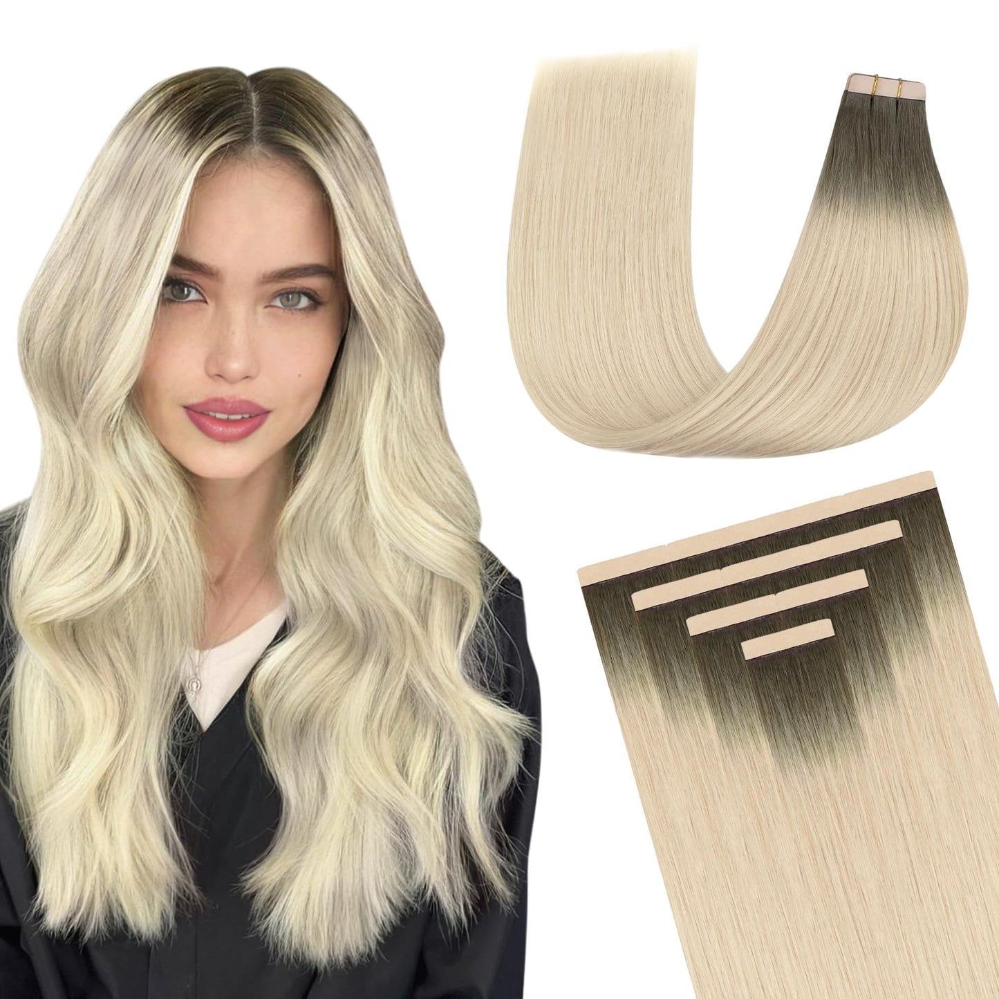 DOORES Human Hair Extensions Tape in Balayage Light Ash Brown to Ash Blonde 14 Inch 10pcs 25g Tape in Remy Human Hair Extensions Hair Extensions Straight