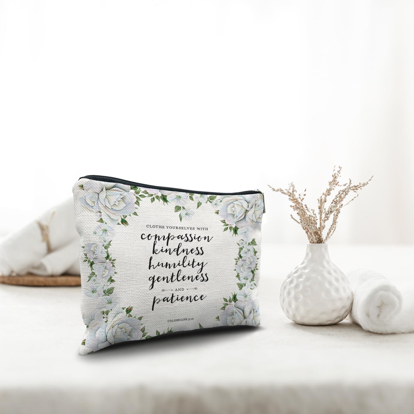 Nogrit Christian Inspirational Makeup Bag Cosmetic Bags for Women,White Floral Makeup Bag, Christian Gifts for Women Faith, Religious Bible Verse Small Makeup Cosmetic Bag for Purse, Colossians 3:12