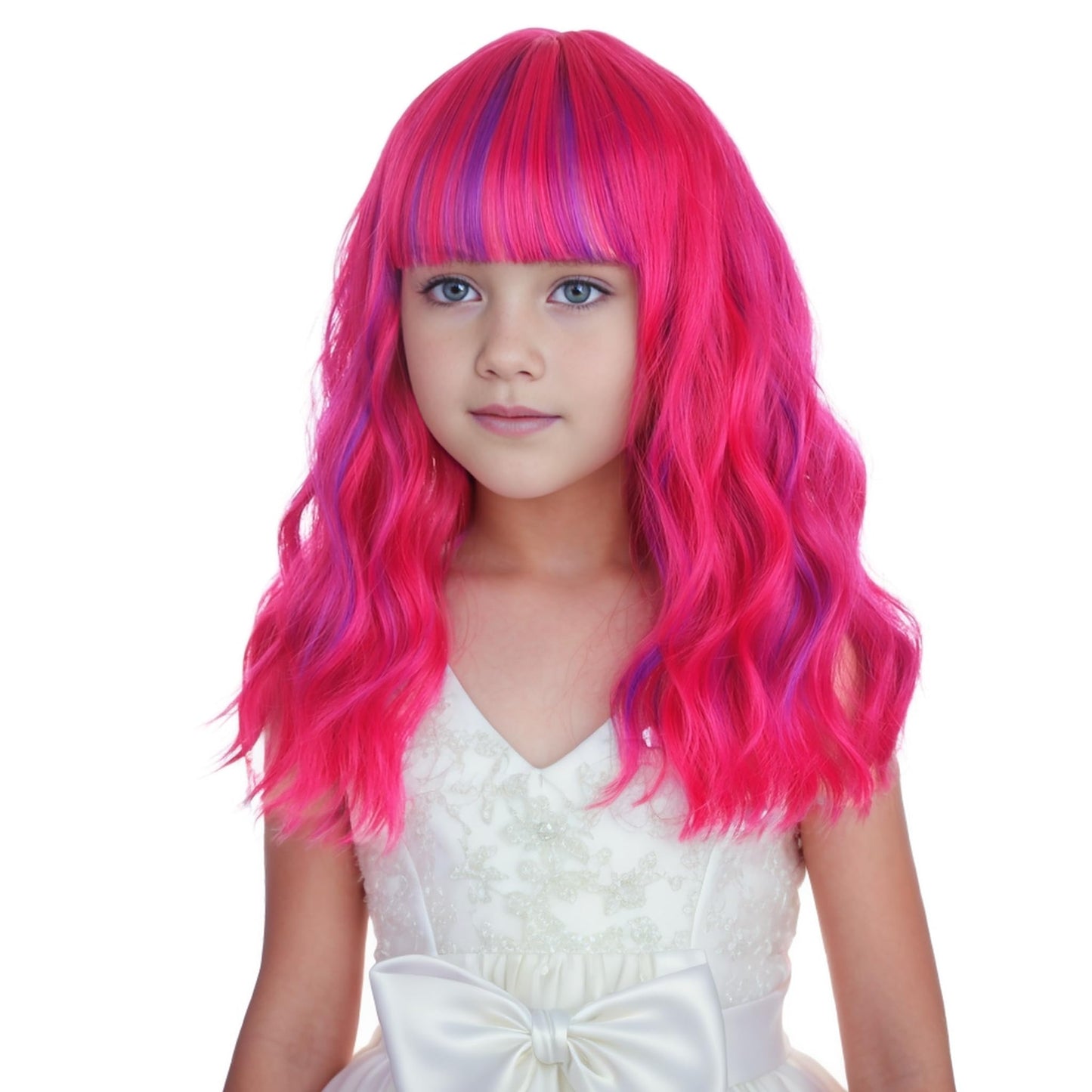 Edivd Kids Hot Pink Mixed Purple Wig Child Short Pink Purple Wig with Air Bangs Purple Pink Wavy Curly Wig for Girls Heat Resistant Synthetic Wig with Wig Cap