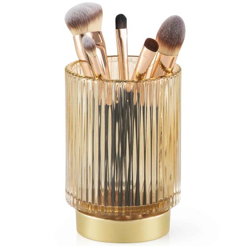 CANITORON Makeup Brush Holder,Glass Makeup Brush Holder Organizer Store Cosmetic Tools,Eyeliner,Storage Organizer for Vanity,Bathroom Countertop Organize and Bedroom Countertop Storage.(Amber L)
