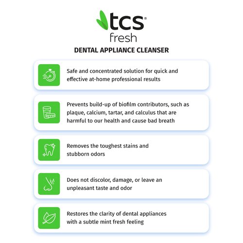 TCS Fresh Concentrated Dental Appliance Cleaner Set, Professional Denture and Retainer Cleaner Powder with Soft Bristle Brush (24 Packets, 6 Month Supply, Mint Flavor)
