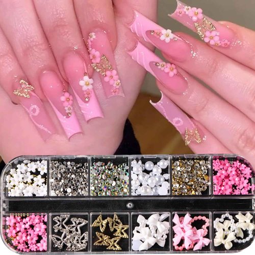 3D Nail Charms and Gems Set - 12 Grid Butterfly Charm Glitter Rhinestones Small Flower Steel Beads Pearl Bow DIY Mixed Nail Art Accessories Cute Butterflies Supplies DIY for Floral Manicure Craft